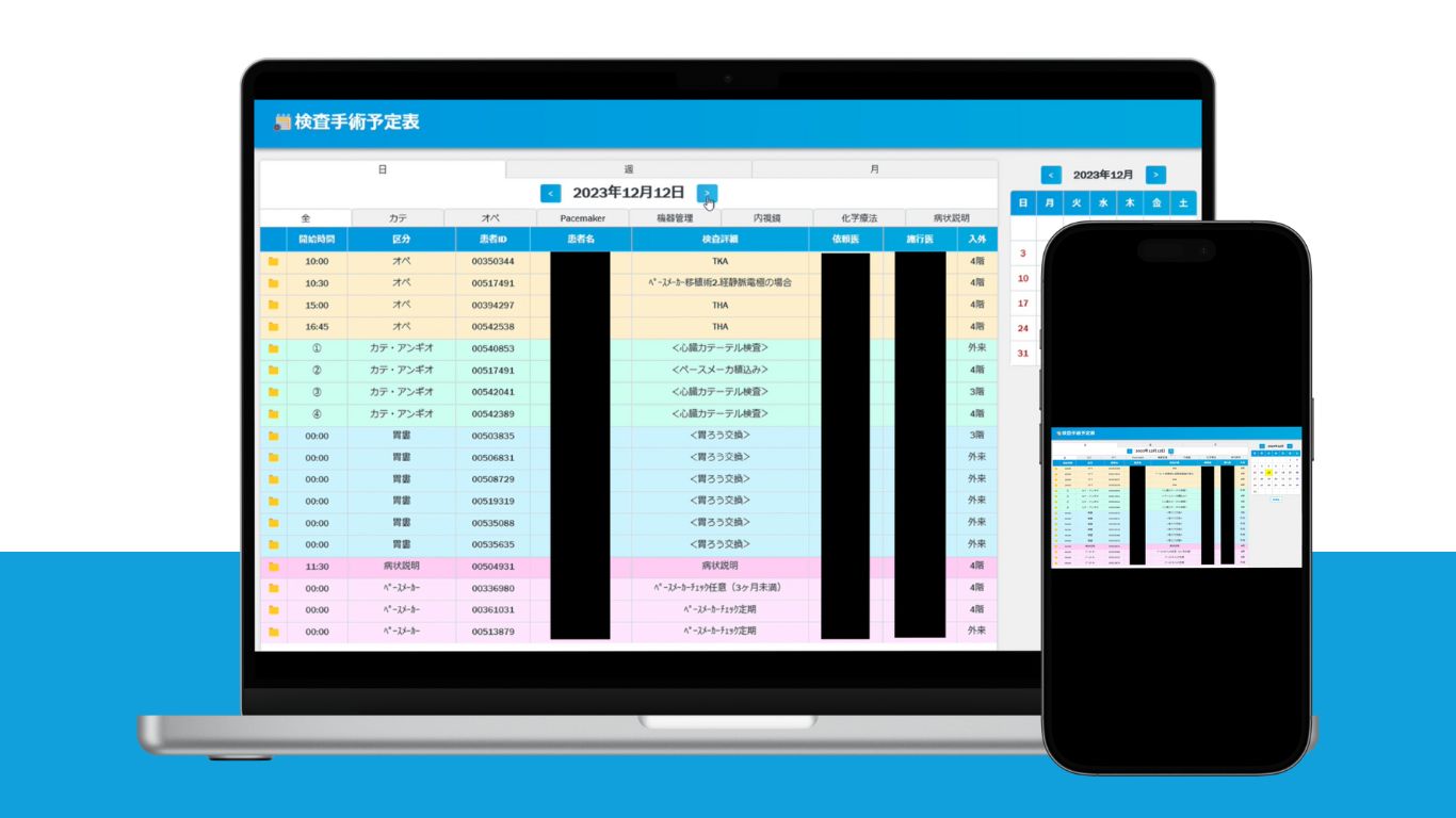 手術検査スケジュール管理webアプリケーションの画面がpcとスマホで映しだされている